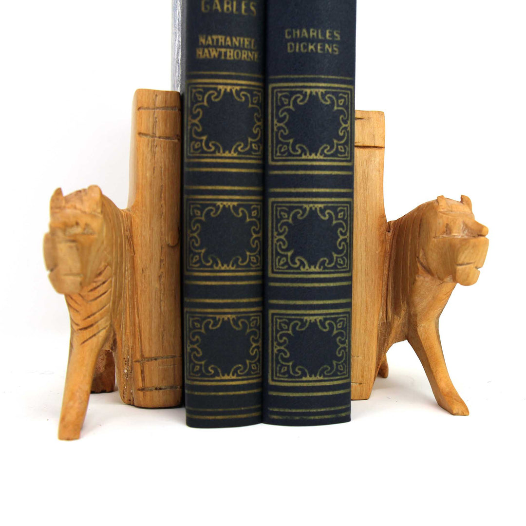Carved Wood Lion Book Ends - Set of 2