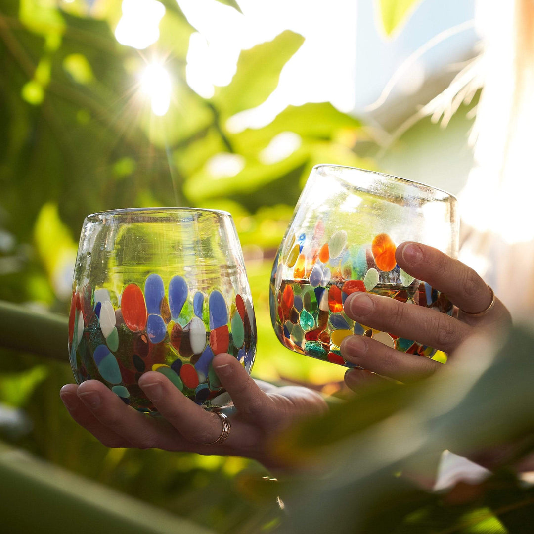 Stemless Handblown Wine Glasses - Colorful Dot - Set of 4