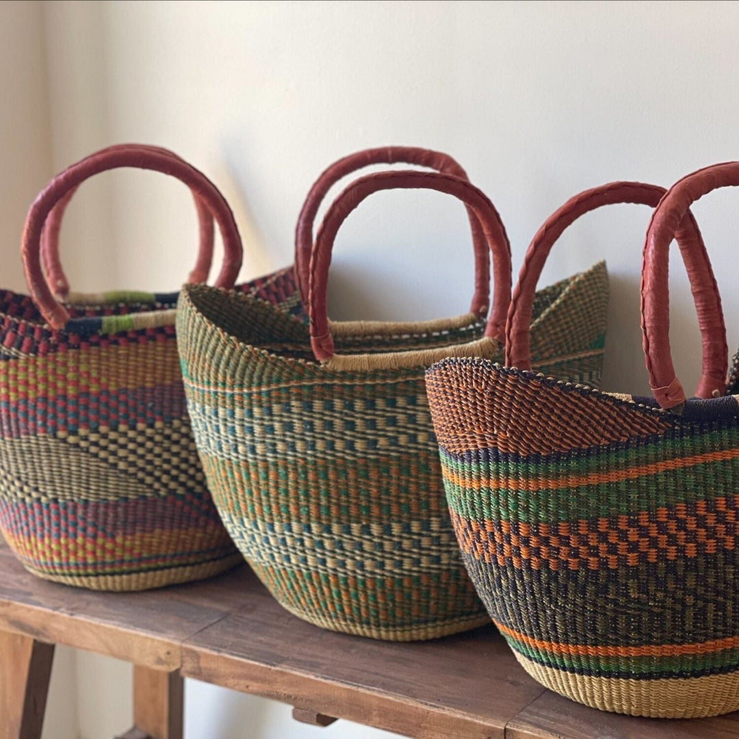 Large Bolga Tote with Leather Handles - Assorted