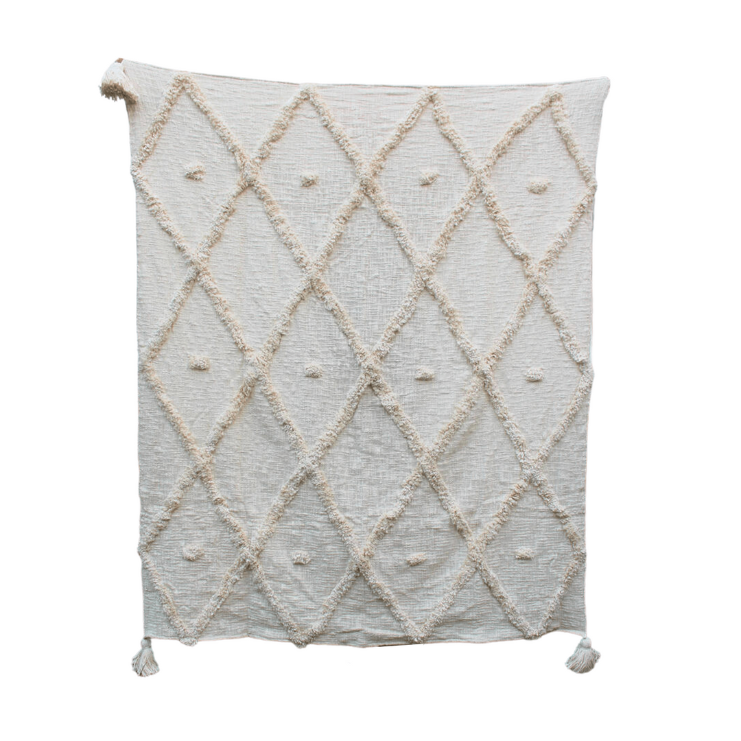 Hand Tufted Textured Cotton Throw with Tassels
