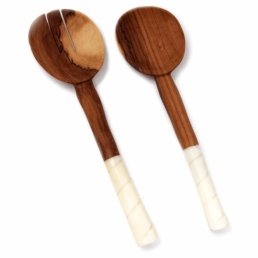 Olive Wood Serving Set with Rounded Bone Handles
