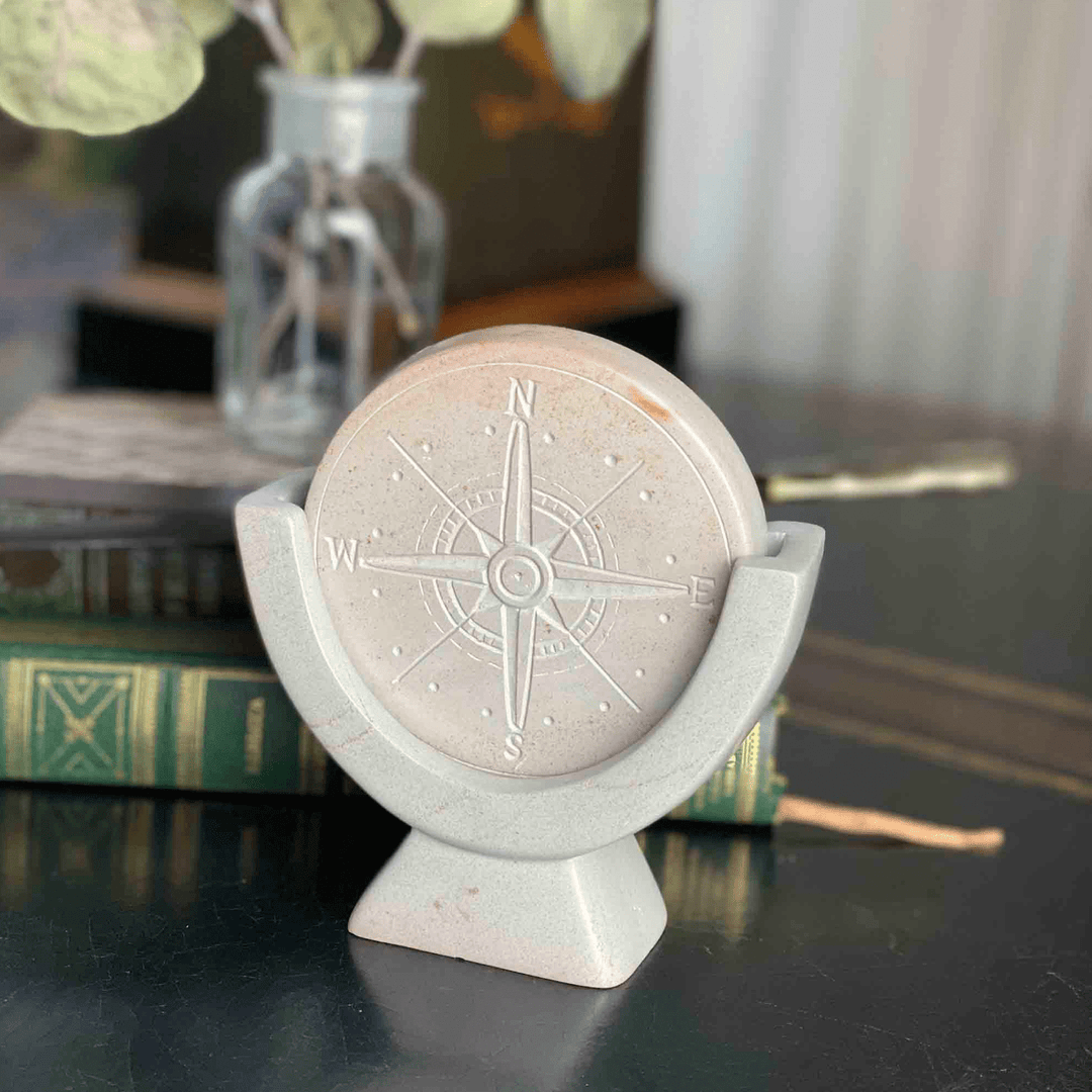 Soapstone Compass Sculpture/Paper Weight - Light Grey Stone