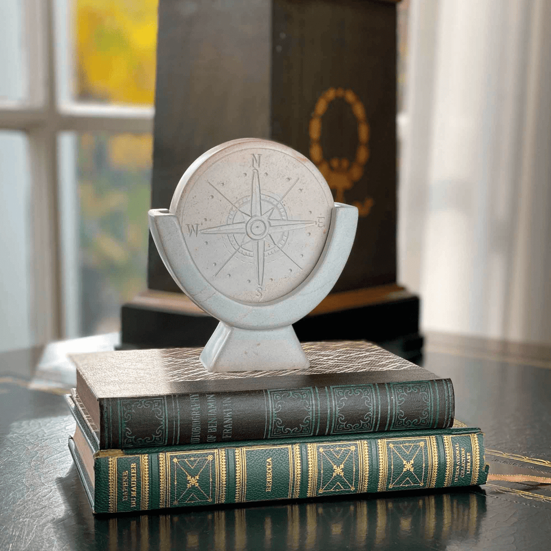 Soapstone Compass Sculpture/Paper Weight - Light Grey Stone