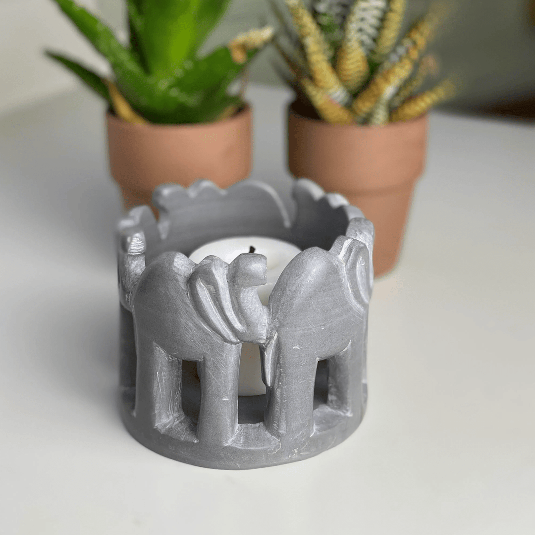 Soapstone Sculpture - Circle of Elephants - Grey Stone