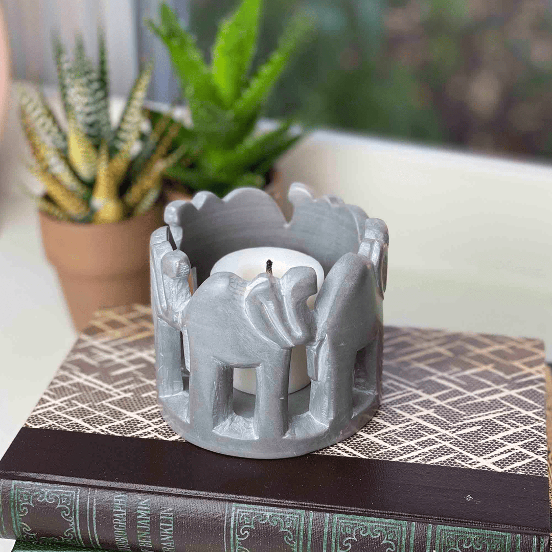 Soapstone Sculpture - Circle of Elephants - Grey Stone