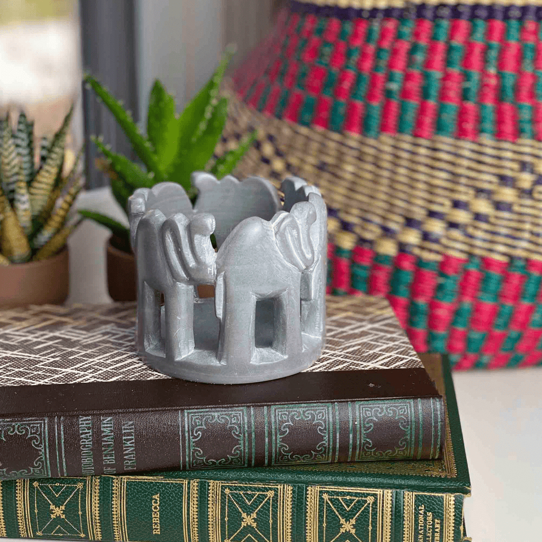 Soapstone Sculpture - Circle of Elephants - Grey Stone