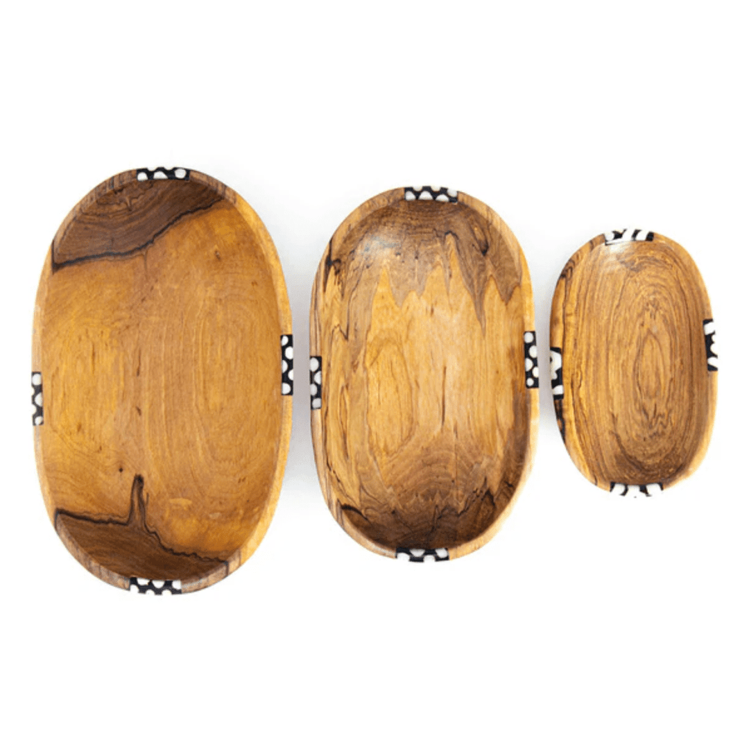 Three Nested Oval Olive Wood Serving Bowls with Bone Inlay
