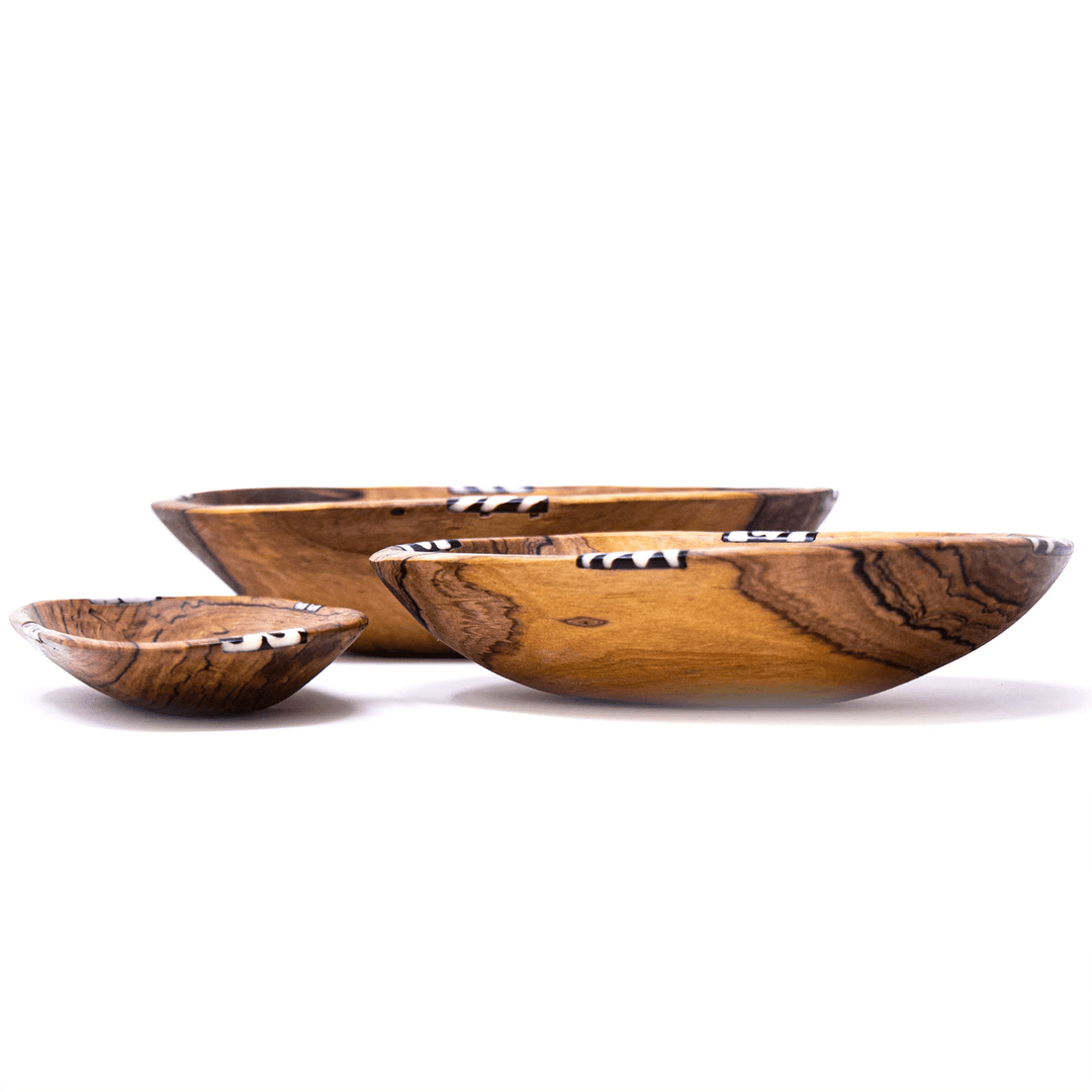 Three Nested Oval Olive Wood Serving Bowls with Bone Inlay