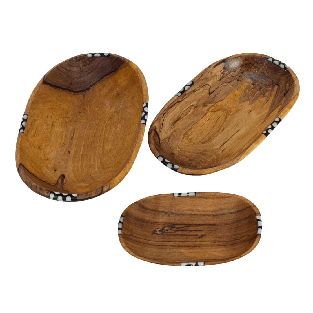 Three Nested Oval Olive Wood Serving Bowls with Bone Inlay