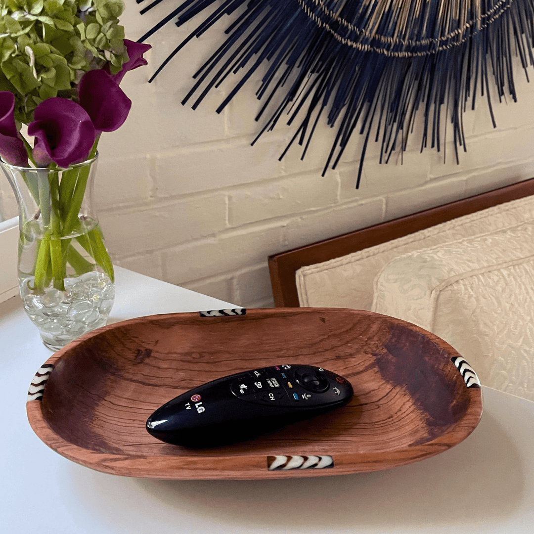 Large Oval Olive Wood Bowl with Bone Inlay