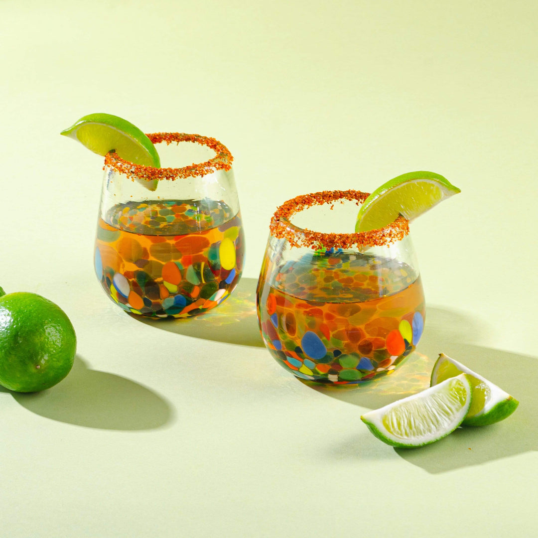 Stemless Handblown Wine Glasses - Colorful Dot - Set of 4