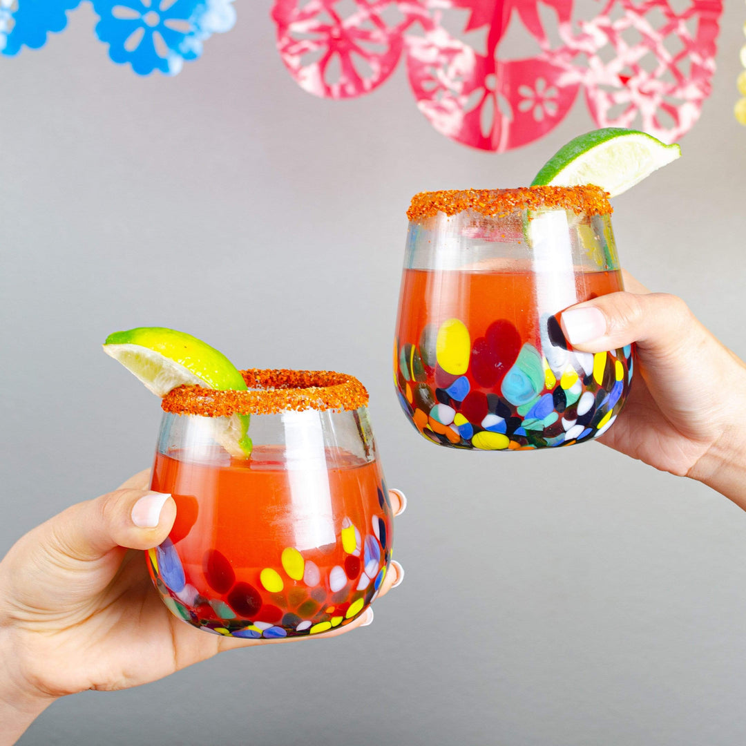 Stemless Handblown Wine Glasses - Colorful Dot - Set of 4