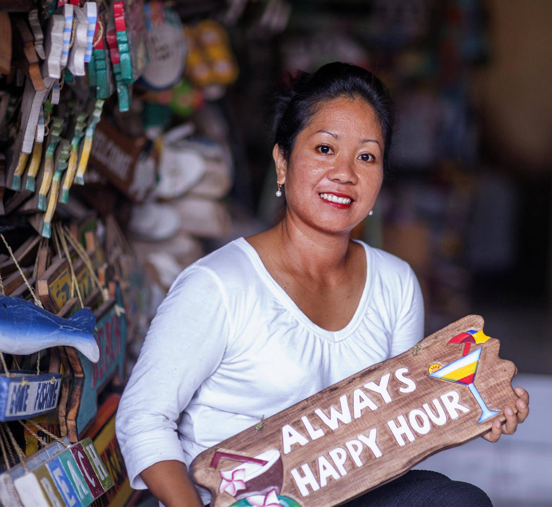 Hand Carved Beach Wood Sign Agel Grass from Indonesia - Beach in Sky Blue