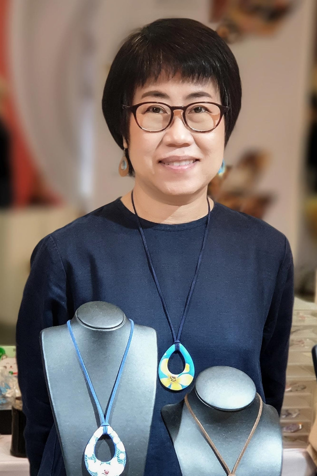 Ceramic Blue Floral Pendant Necklace Dangle Earrings Set - Flying Flowers