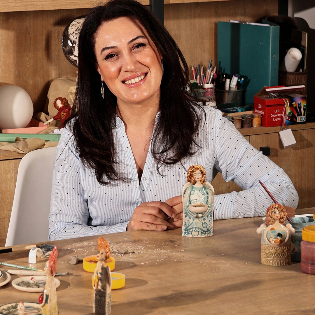 Hand-Painted Warm-Toned Round Recycled Paper Magnets (Pair) - Evening at the Town