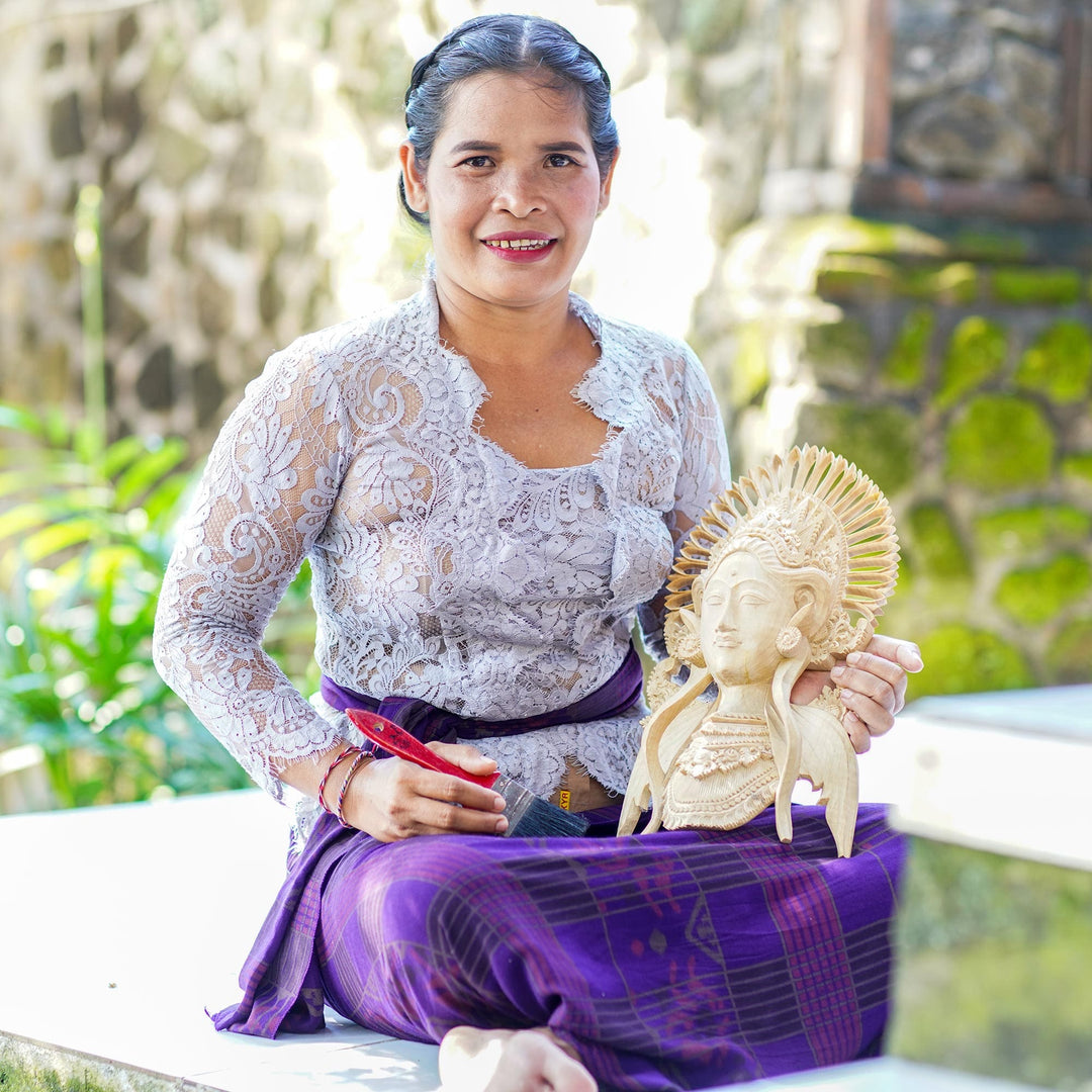 Hand-Painted Wood Mask Wall Sculpture of a Balinese Woman - Balinese Beauty