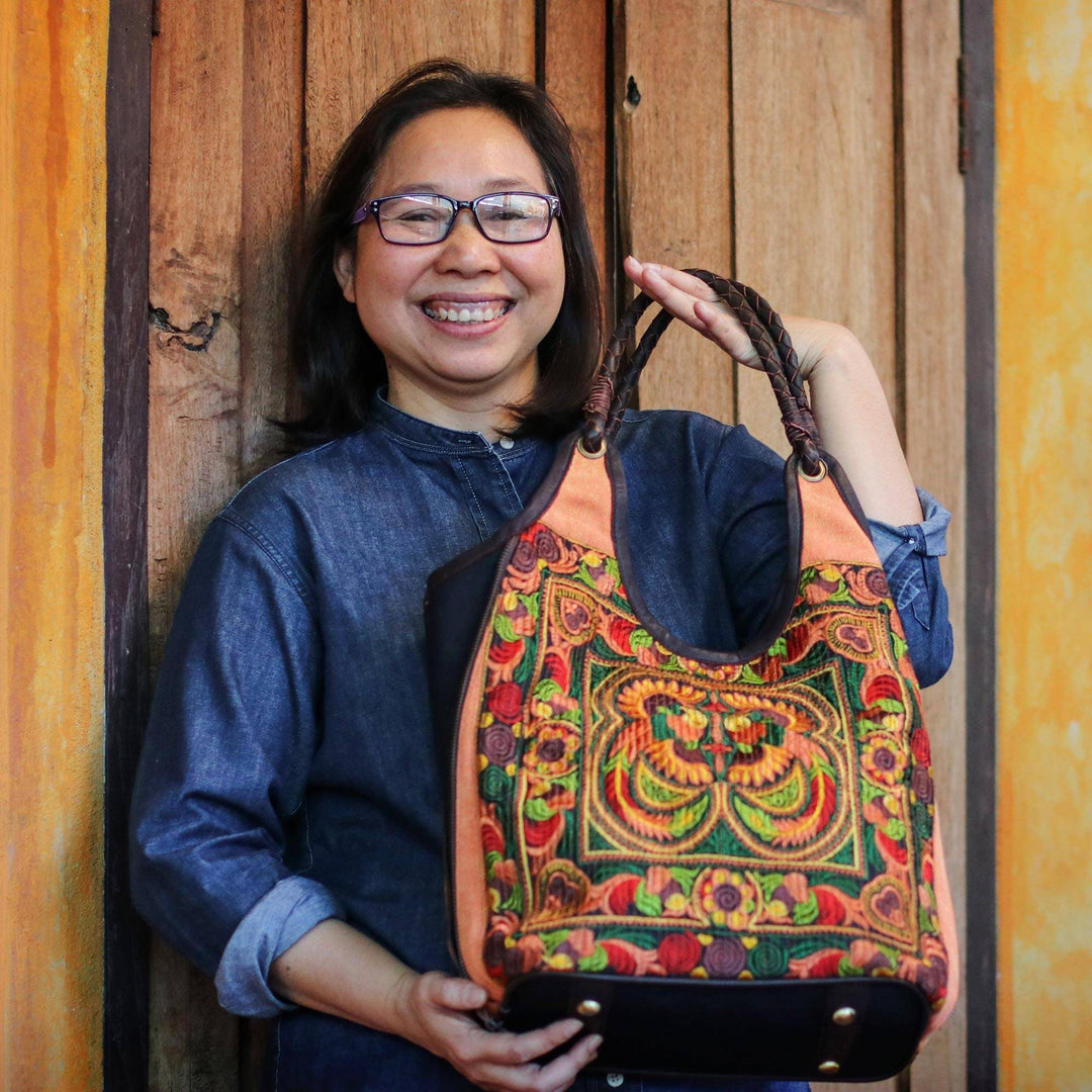 Leather Accented Cotton Blend Hobo Handbag - Warm Geometry