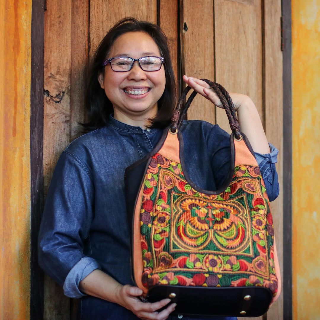 Thai Cotton and Leather Trim Shoulder Bag - Happy Journey in Green