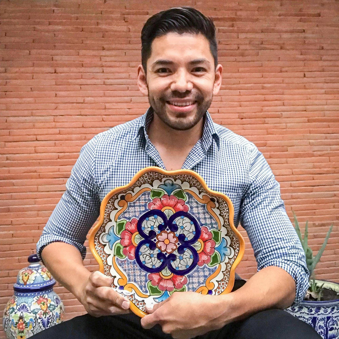 Floral Talavera Style Ceramic Platter from Mexico - Zacatlan Flowers