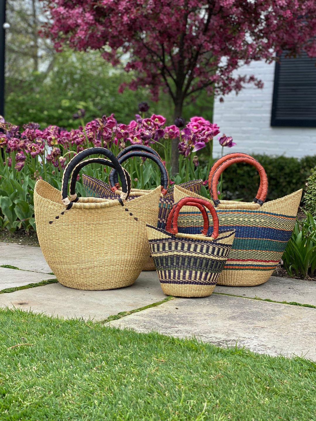 Large Bolga Tote with Leather Handles - Assorted