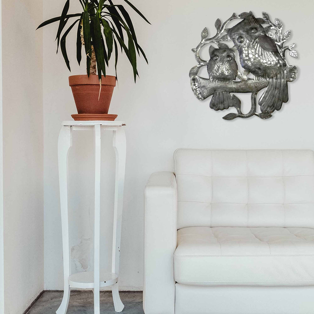 Pair of Owls on Perch Metal Wall Art