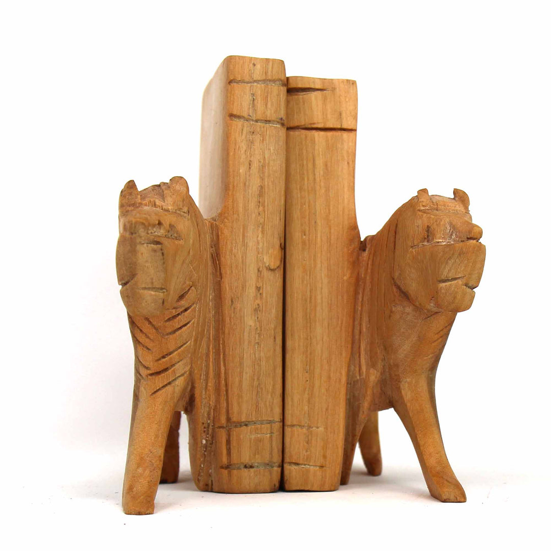 Carved Wood Lion Book Ends - Set of 2