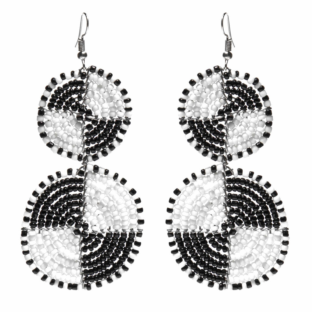 Maasai Bead Double Circle Dangle Earrings - White/Black