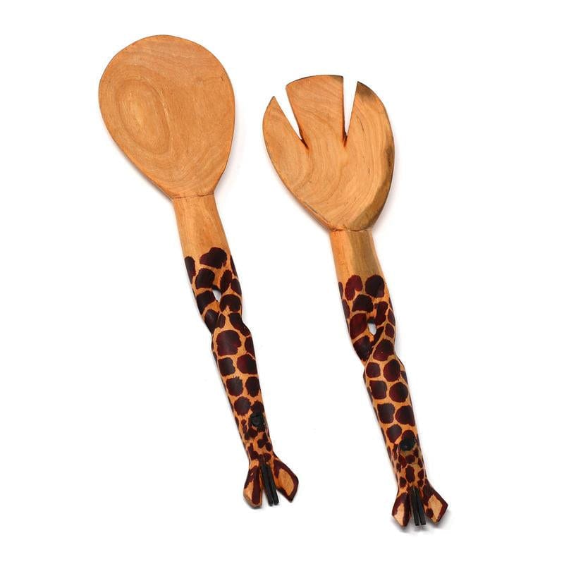 Hand-Carved Giraffe Salad Serving Set