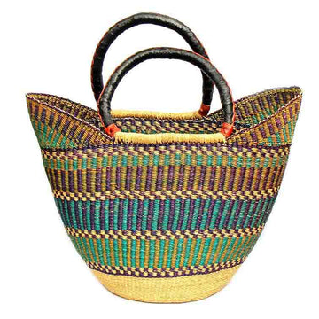 Large Bolga Tote with Leather Handles - Assorted
