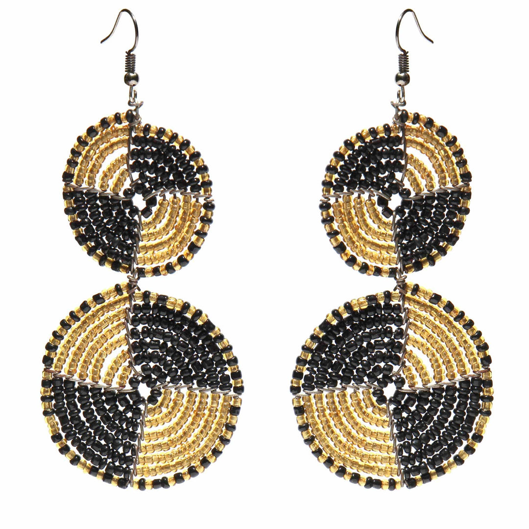 Maasai Bead Double Circle Dangle Earrings - Gold/Black