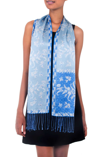 Batik Silk Scarf from Indonesia - Sky Blue Blossom