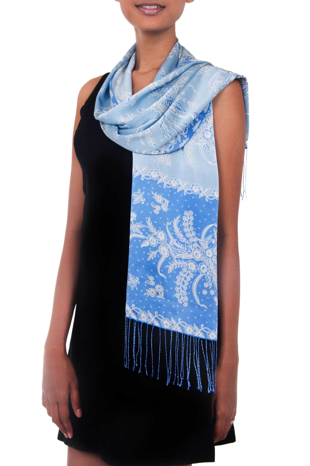 Batik Silk Scarf from Indonesia - Sky Blue Blossom