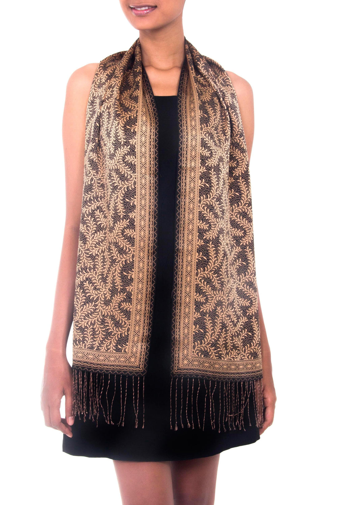 Women's Leaf and Tree Silk Scarf - Black Fern