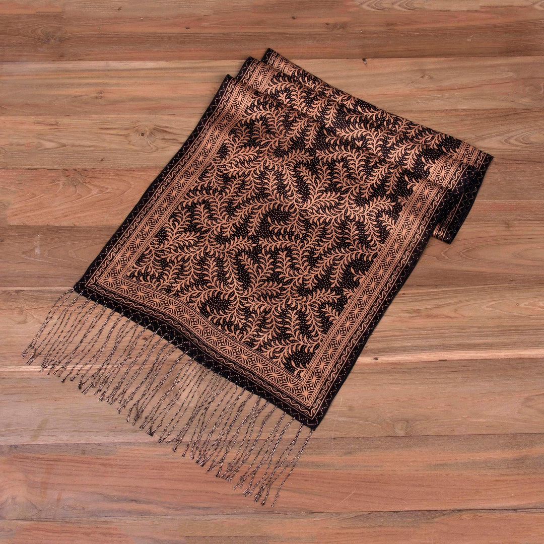 Women's Leaf and Tree Silk Scarf - Black Fern