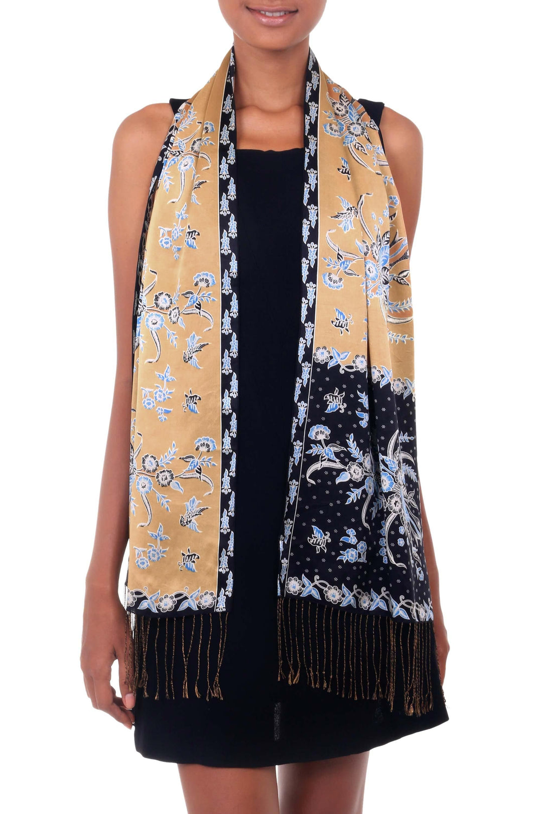 Handmade Silk Batik Scarf with Floral Motifs from Bali - Golden Paradise