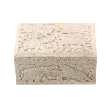 Carved Elephant and Lion Soapstone Jewelry Box from India - Wild Animals