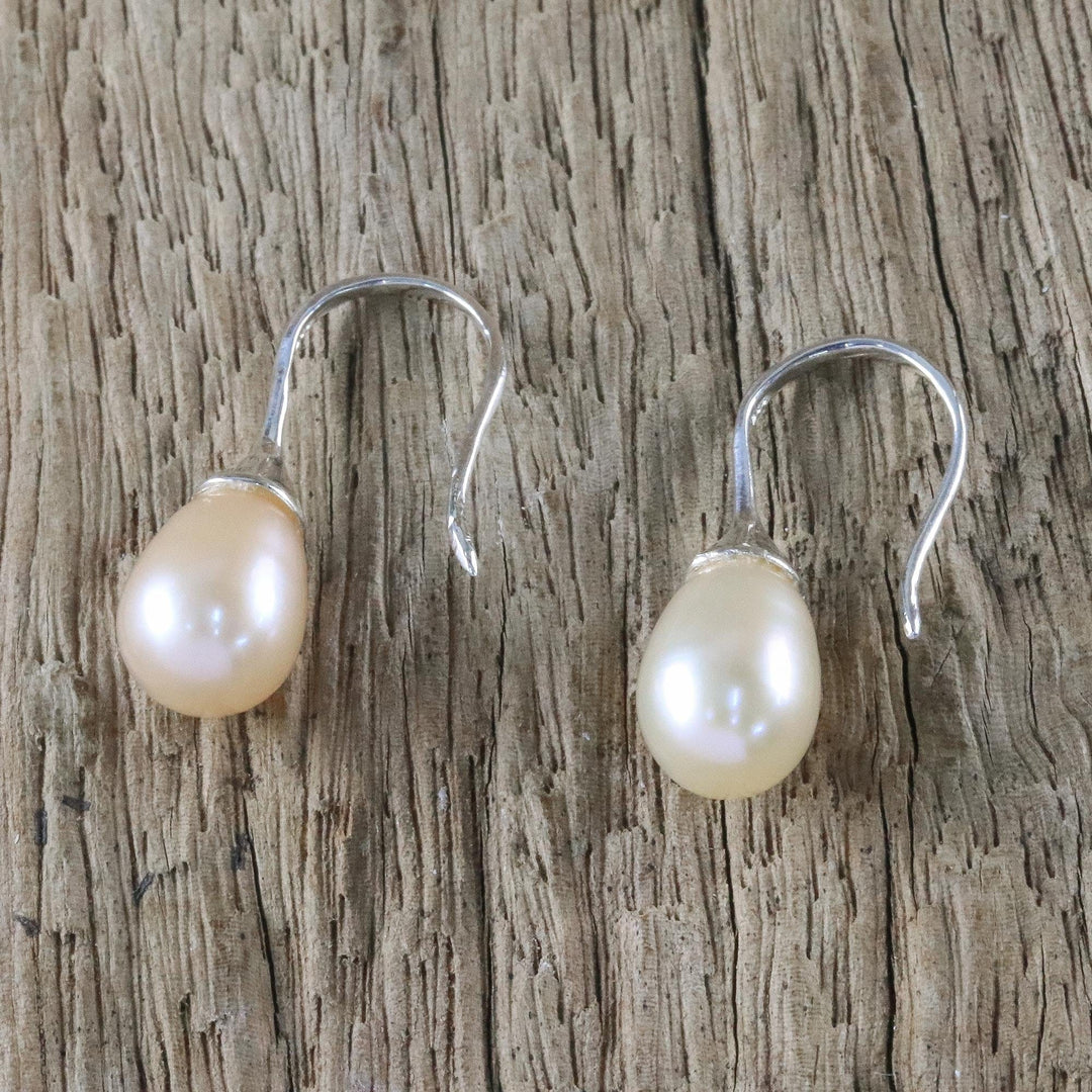Thai Bridal Sterling Silver Pearl Drop Earrings - Rosy Bud
