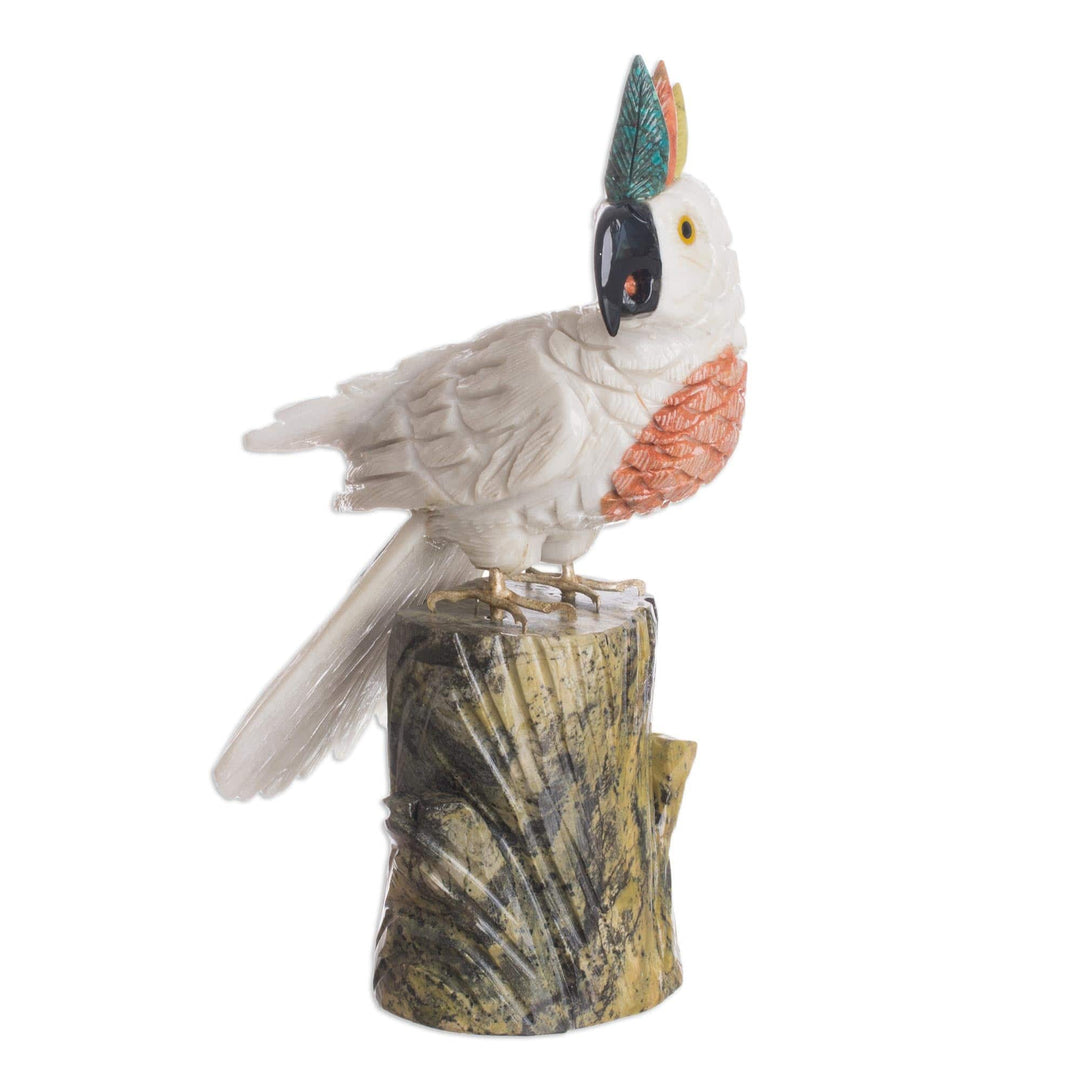 Carved Onyx and Jasper Sculpture Cockatoo Bird Art - White Cockatoo