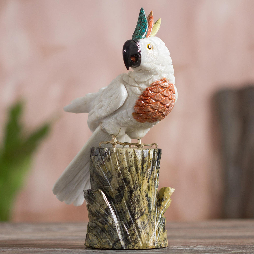 Carved Onyx and Jasper Sculpture Cockatoo Bird Art - White Cockatoo