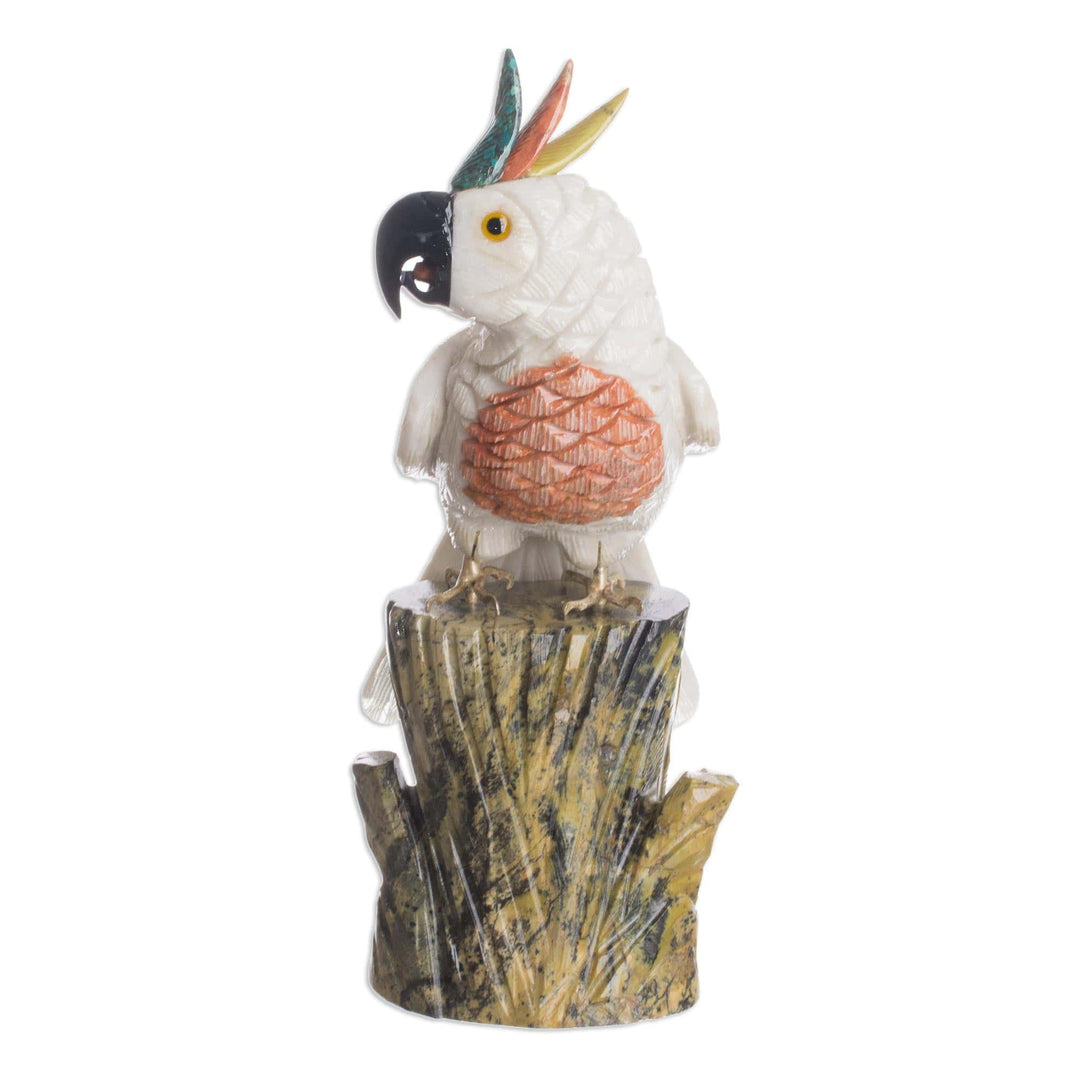 Carved Onyx and Jasper Sculpture Cockatoo Bird Art - White Cockatoo