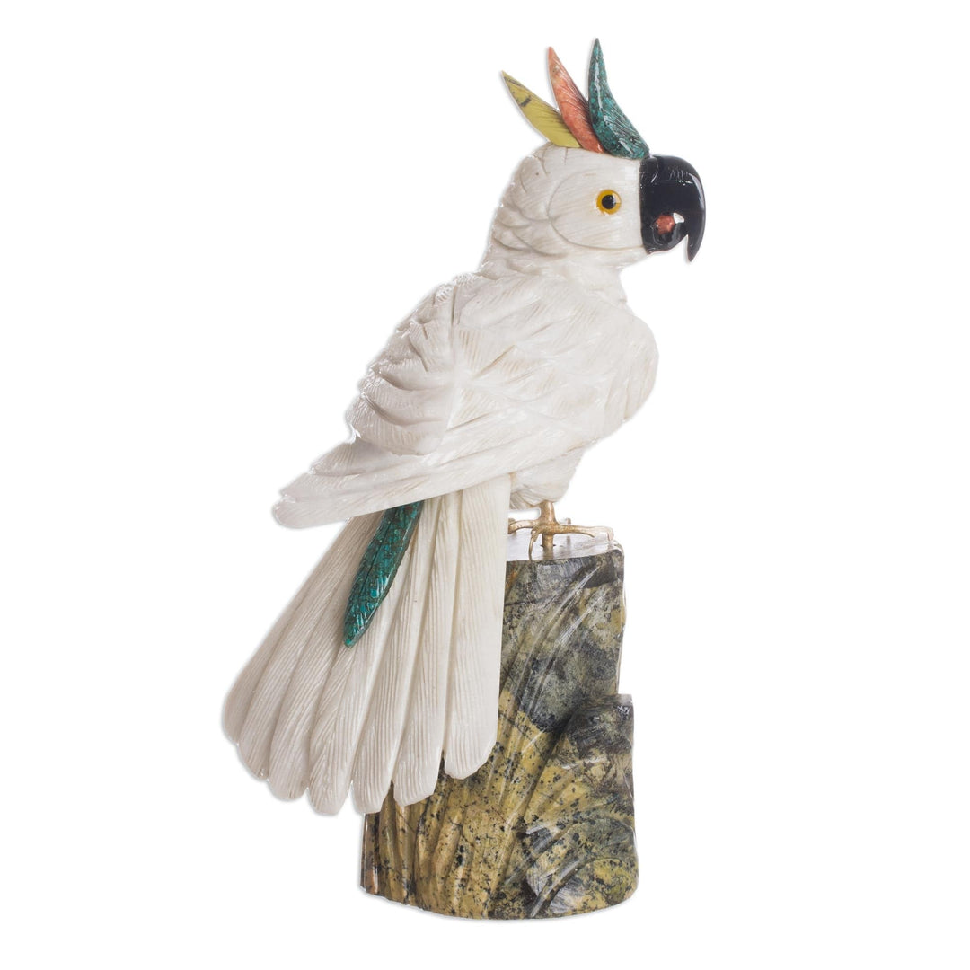 Carved Onyx and Jasper Sculpture Cockatoo Bird Art - White Cockatoo