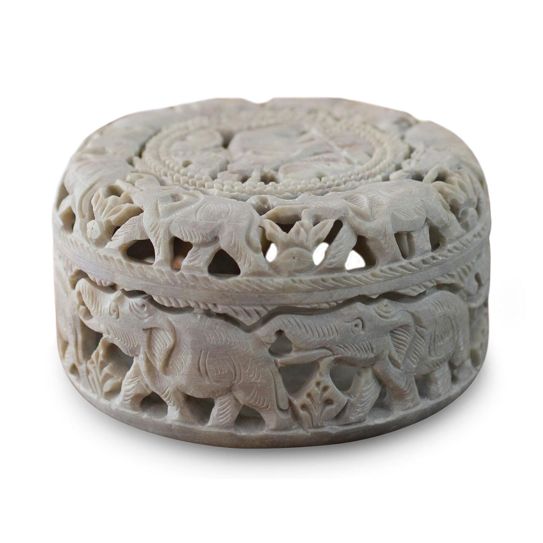 Artisan Crafted Jali Soapstone Jewelry Box - Elephant Procession