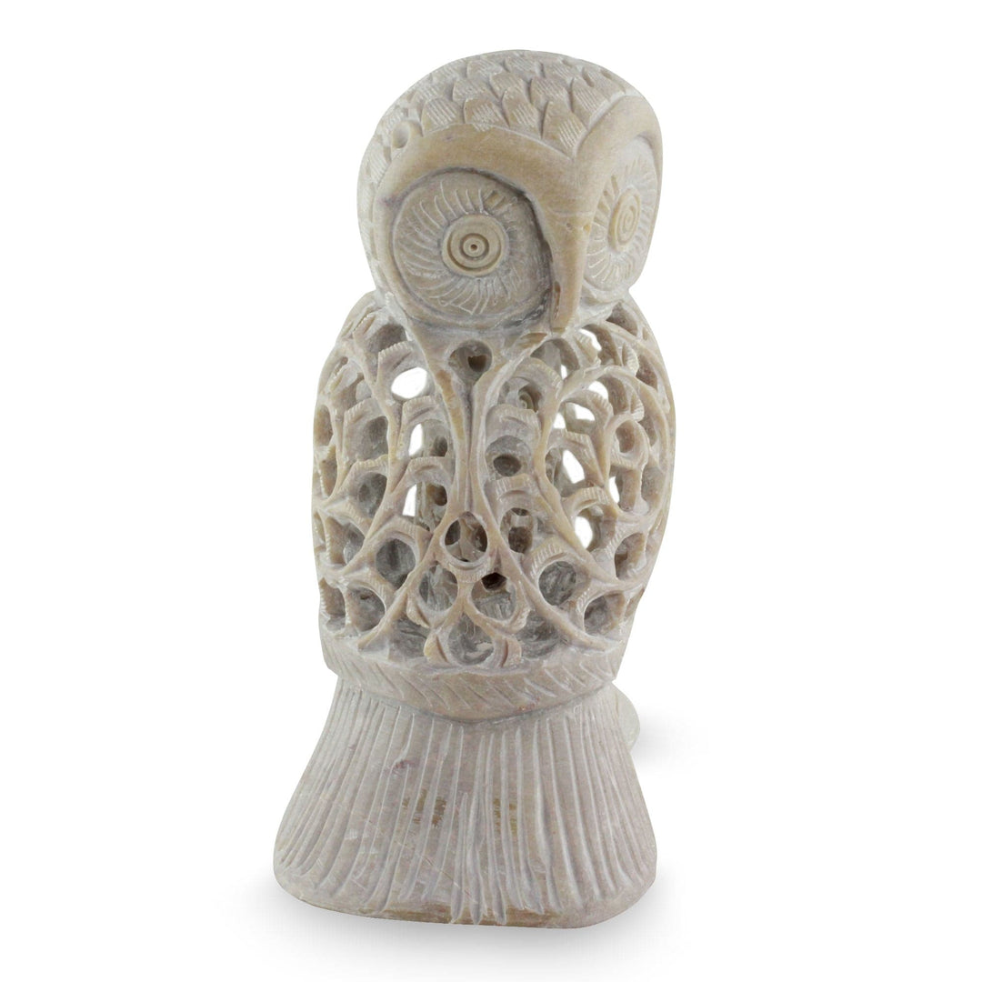 Artisan Crafted Indian Soapstone Jali Sculpture - Mother Owl