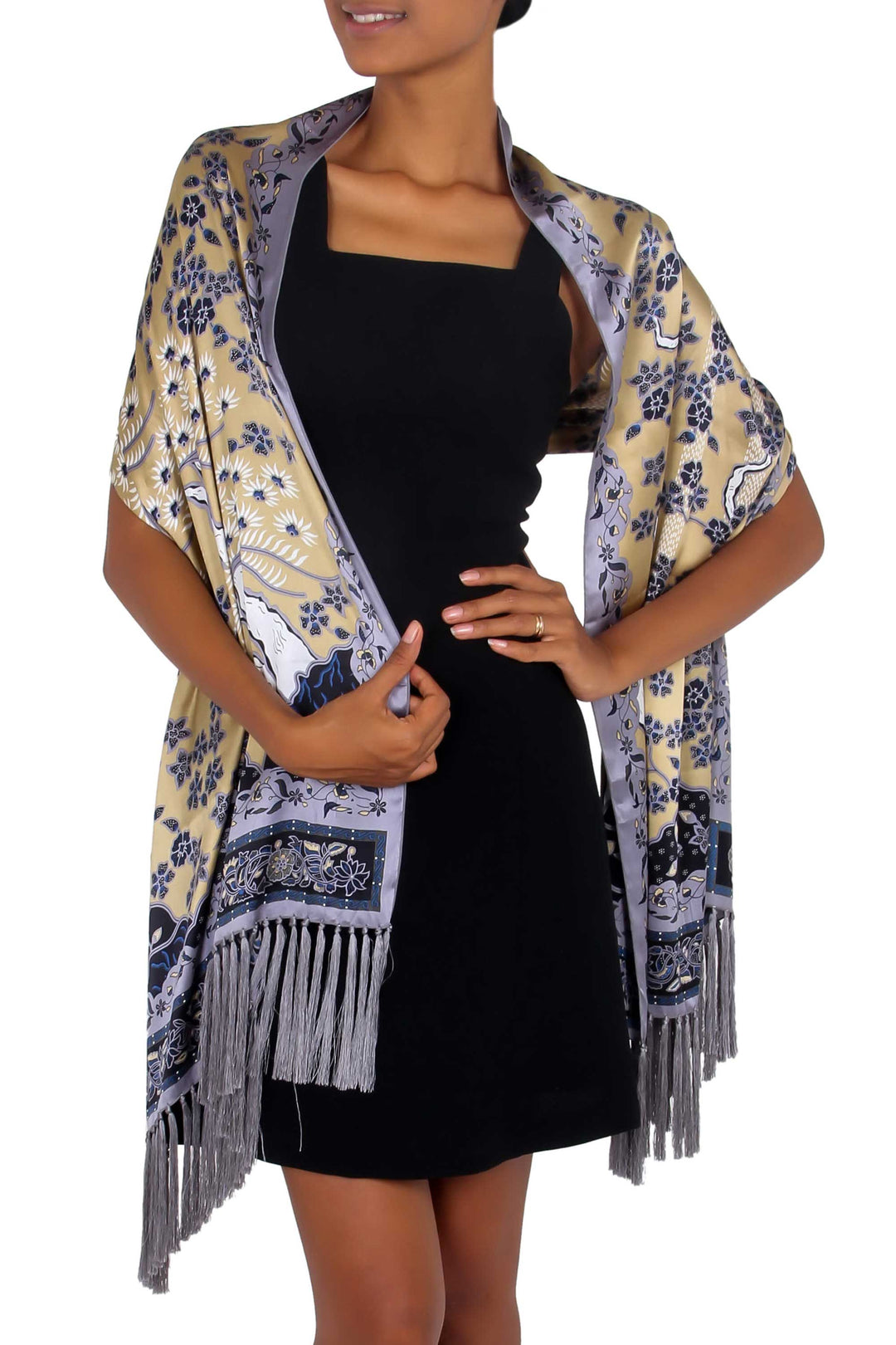 Hand Made Floral Silk Shawl - Golden Blue Garden