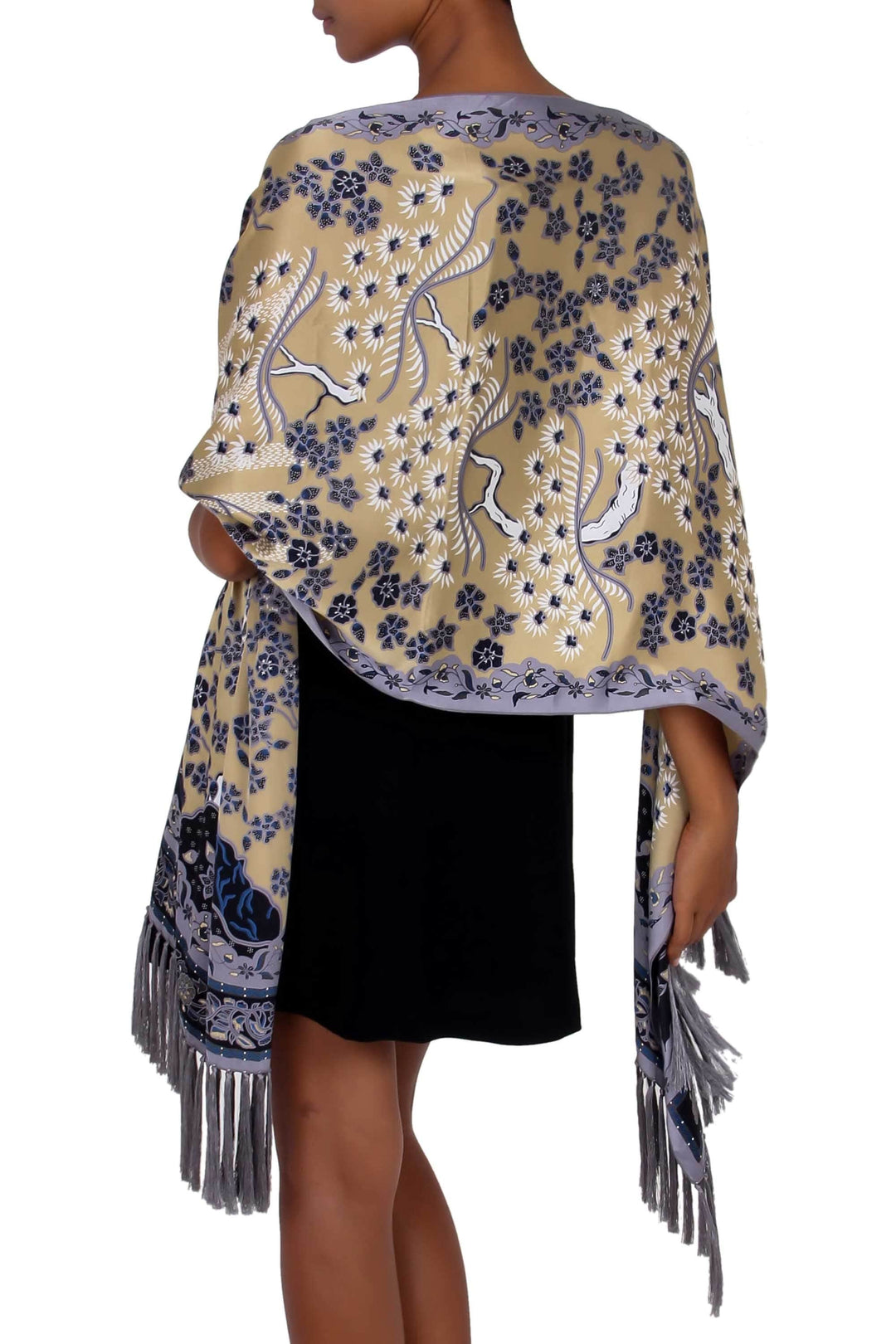 Hand Made Floral Silk Shawl - Golden Blue Garden