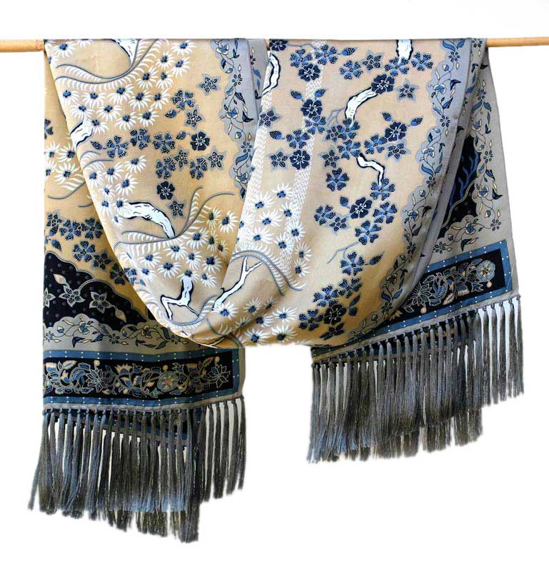 Hand Made Floral Silk Shawl - Golden Blue Garden