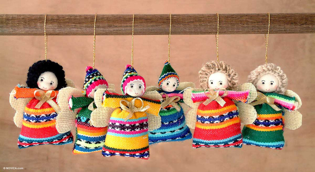 Set of 6 Cotton Andean Folk Art Angel Ornaments - Andean Angels of Happiness