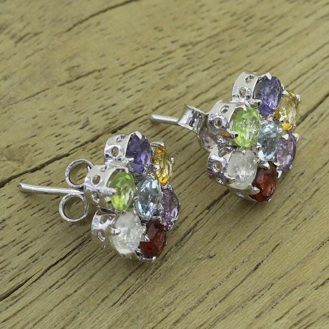 Hand Crafted Floral Sterling Silver Button Multigem Earrings - Flowers