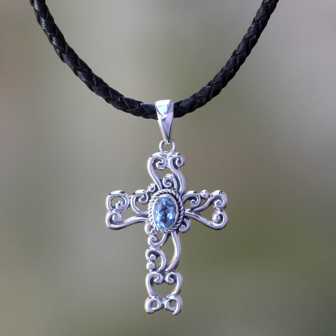 Indonesian Sterling Silver and Blue Topaz Necklace - Balinese Cross