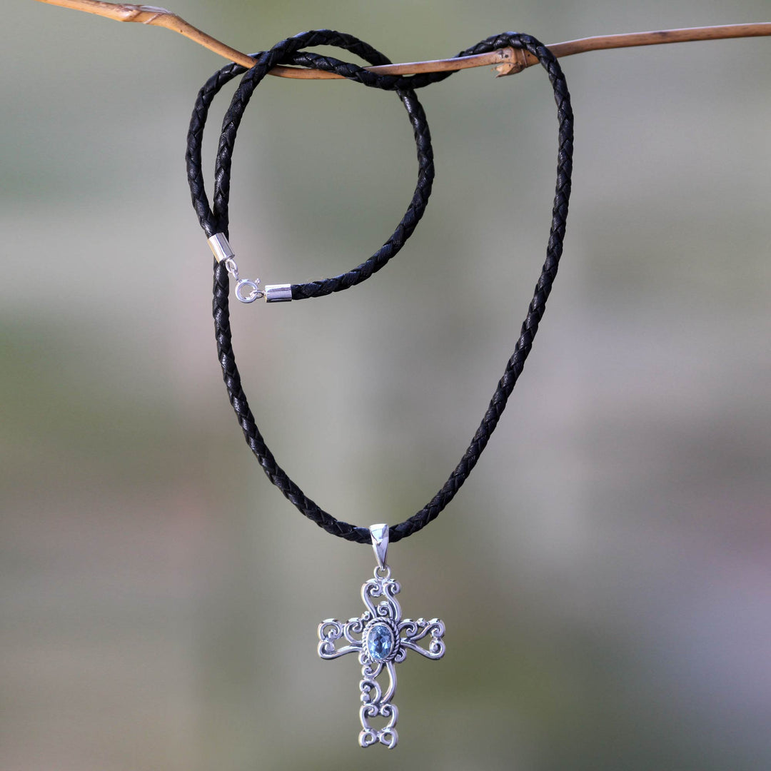 Indonesian Sterling Silver and Blue Topaz Necklace - Balinese Cross